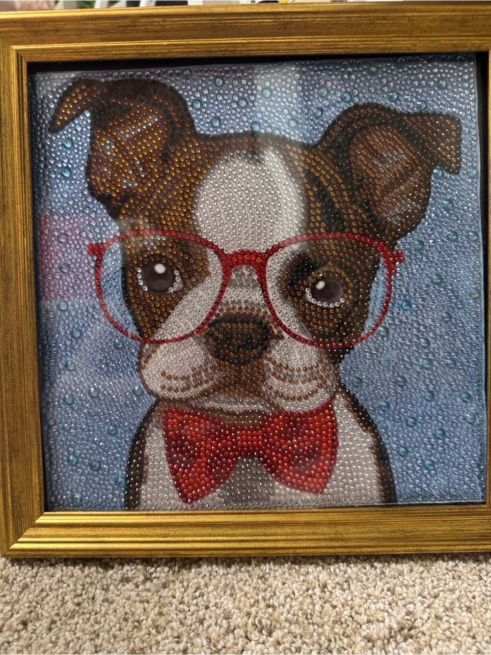 Brown and White Dog Canvas Art with Red Glasses and Bow Tie